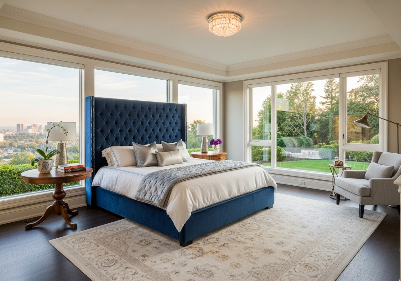 Twilight exterior of a luxury home with warm interior lighting